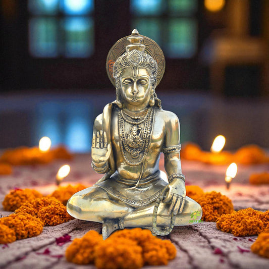Lord Hanuman Sitting Religious Hindu Statue, Indian Bahubali God Figurine Brass Rambhakta Monkey God, Lord Rama God of Strength