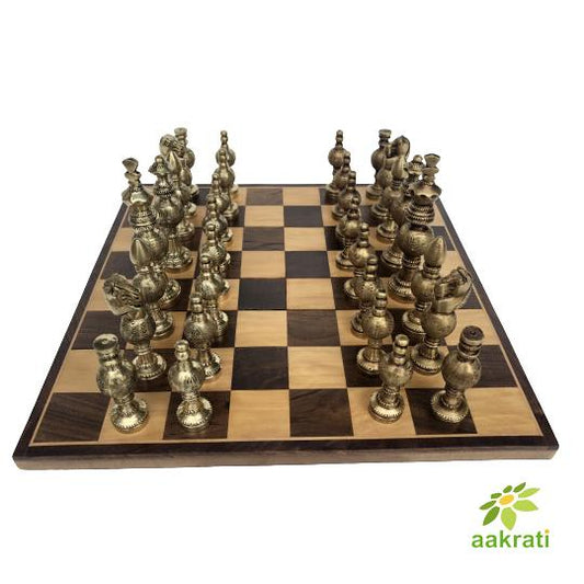Chess Set Metal | Hand Carved Wood Board Game with Inlaid Brass Carving, Handmade Vintage Pieces & Handcrafted Aakrati