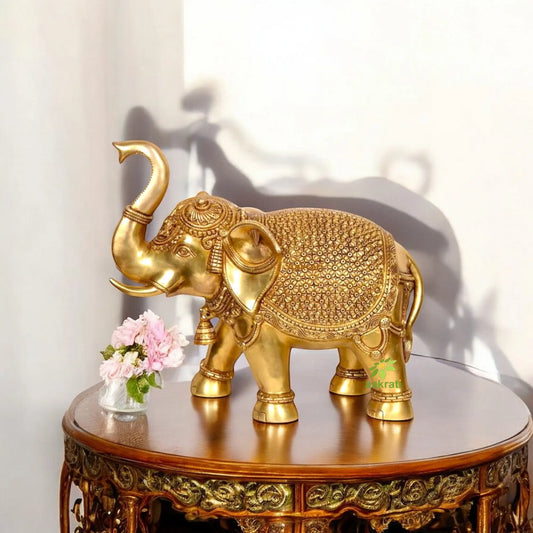 Brass Elephant Figurine | Handcrafted Brass Masterpiece | Traditional Home decor Elephant Statue ( Yellow, 14 inch) Aakrati