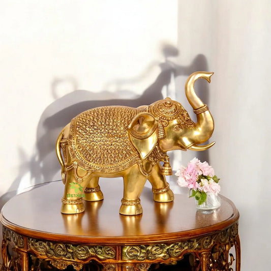 Brass Elephant Figurine | Handcrafted Brass Masterpiece | Traditional Home decor Elephant Statue ( Yellow, 14 inch) Aakrati