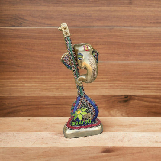 Table top decor and gift metal brass Ganesh with vina, Beautiful curving stone work, showpiece for home and office Aakrati