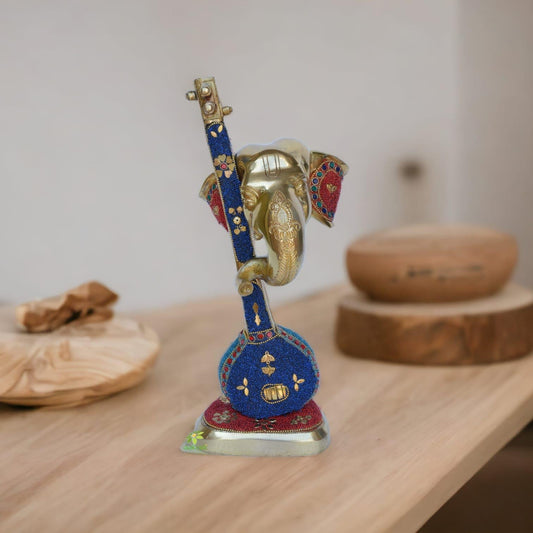 Ganesh with sitaar playing music| brass statue| stone work | home decor, metal showpice, table top Aakrati