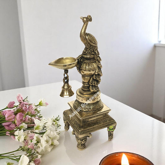 Peacock Brass Diya Or Deepak, 27.5cm, Diwali Decoration Lamps, Home Decor, Traditional Indian, decorative lamps, Auspicious Diya