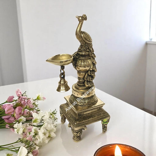 Peacock Brass Diya Or Deepak, 27.5cm, Diwali Decoration Lamps, Home Decor, Traditional Indian, decorative lamps, Auspicious Diya Aakrati