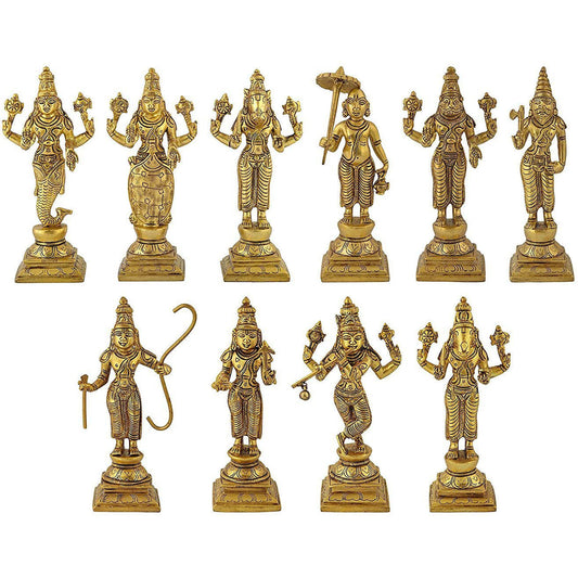 Vishnu Dashavatara in brass | Brass Lord Vishnu Dashavatar | Ten Incarnations of Lord Vishnu | Hindu God Vishnu surrounded by his Avatars | Dasavtar Aakrati
