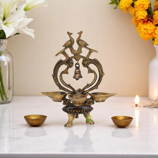 Ethnic Design four diya with Brass bell Traditional lamp Showpiece