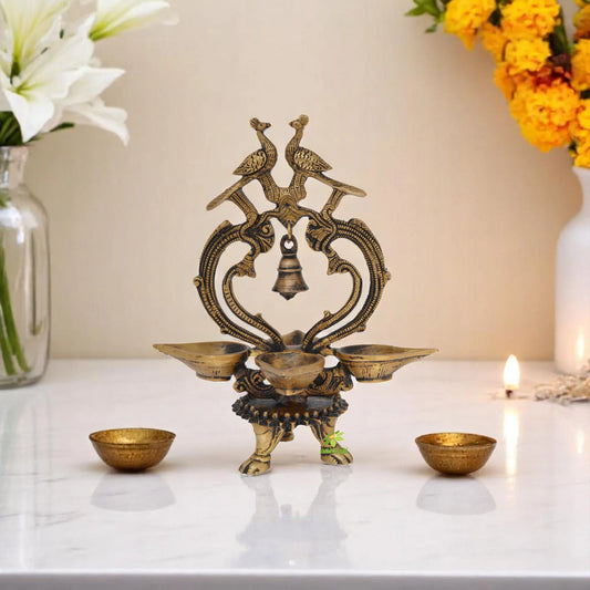 Ethnic Design four diya with Brass bell Traditional lamp Showpiece Aakrati
