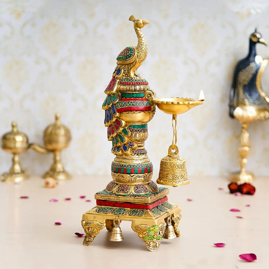 Brass Peacock Diya Stand with Stone Finish | Diya Stand for Home Office Decor Showpiece | Peacock Diya Oil Lamp ( Multicolor, 20 inch) Aakrati