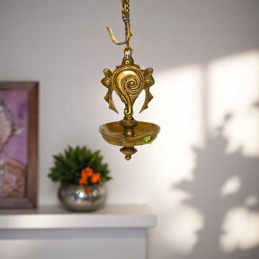 Shankh Design Brass Hanging Diya with by Aakrati, Indian Handicraft Diya, Handmade Lamp