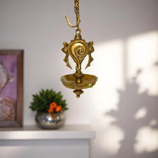 Shankh Design Brass Hanging Diya with by Aakrati, Indian Handicraft Diya, Handmade Lamp Aakrati