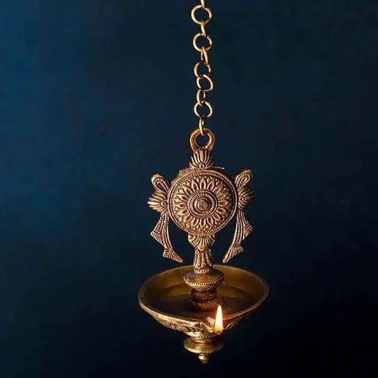 Chakra Design Brass Hanging Diya with by Aakrati, Indian Handicraft Diya, Handmade Lamp Aakrati