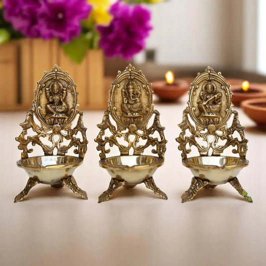Laxmi Ganesh Saraswati brass deepak - oil lamp - table diya - showpiece Aakrati