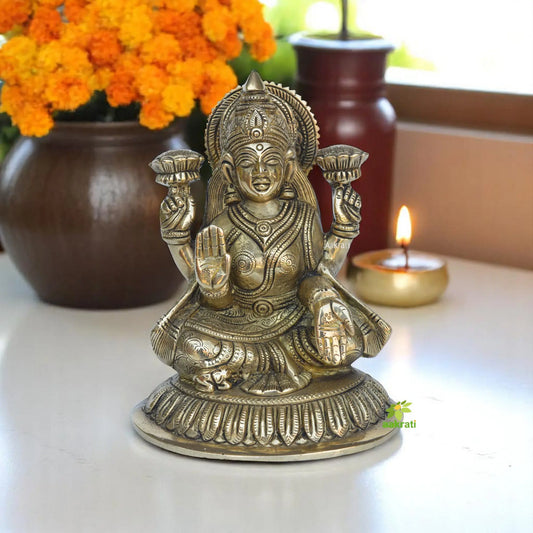 Brass Laxmi statue, blessing laxmi statue, Sitting laxmi Statue, laxmi on lotus statue, Shreedevi statue, Hindu Goddess of wealth Aakrati