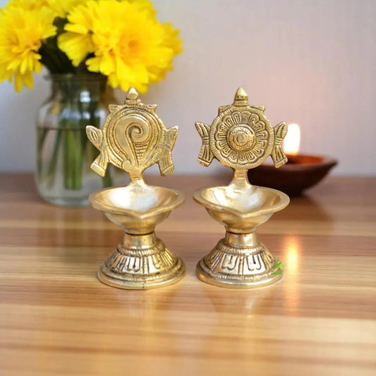 Shankh Chakra Diya Lamp 5 inch/ Home Temple Diya/ Handmade Brass Vishnu Lamp Aakrati