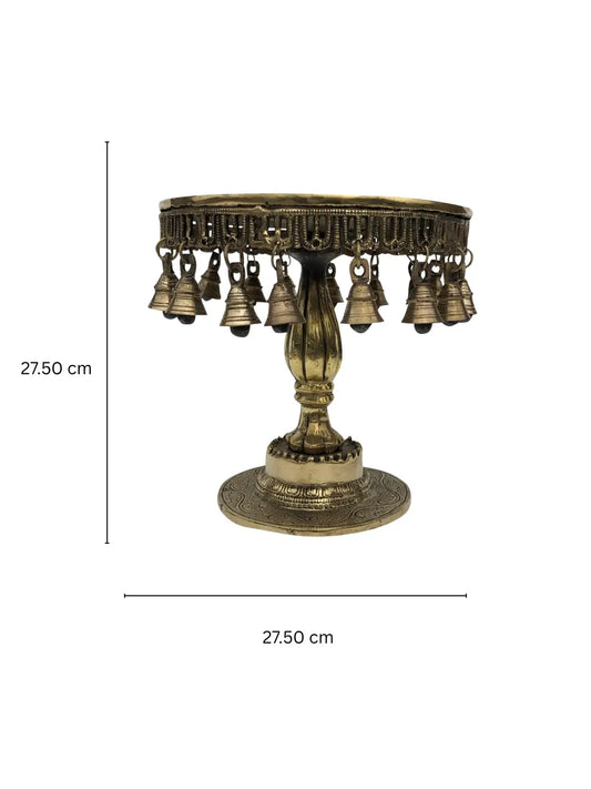 Round Chowki with decorative Pillar and Bells, Brass Pooja Chowki for Home Temple, Chowki For Idols, Pooja - Antique Yellow Aakrati