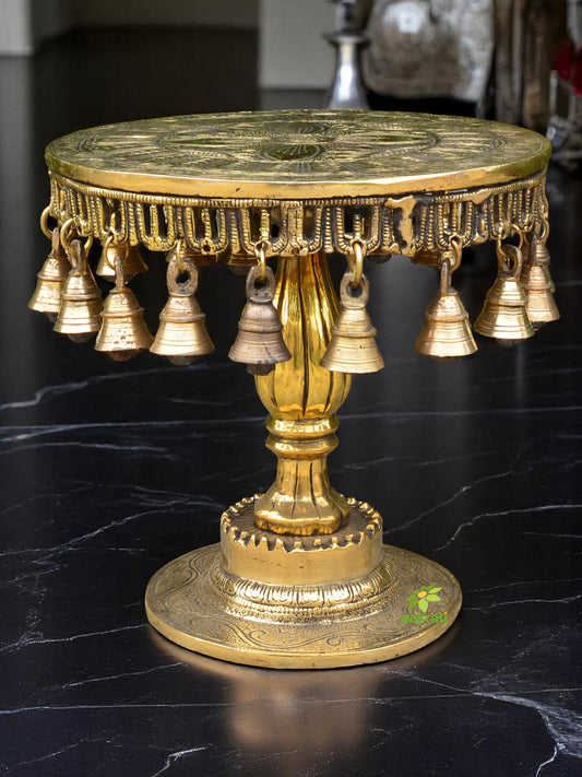 Round Chowki with decorative Pillar and Bells, Brass Pooja Chowki for Home Temple, Chowki For Idols, Pooja - Antique Yellow