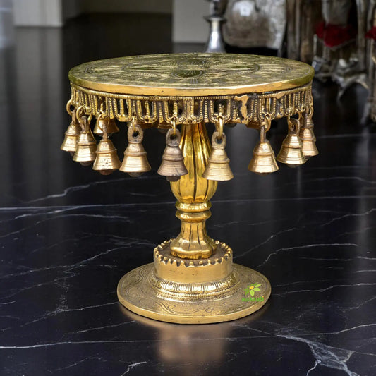 Round Chowki with decorative Pillar and Bells, Brass Pooja Chowki for Home Temple, Chowki For Idols, Pooja - Antique Yellow Aakrati