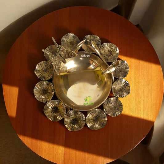 Flower decorative bowl made in brass with bird and butterfly Aakrati