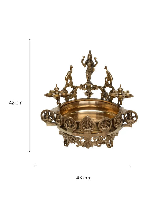 Ethnic Carved Laxmi Design Urli, 15 IN Brass Decor Bowl, Decorative Urli for Corner Tables, Ethnic Indian Decor, Decorative Water Bowl Aakrati