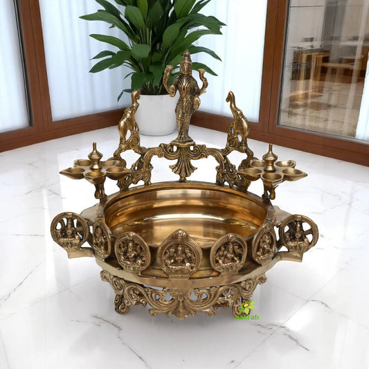 Ethnic Carved Laxmi Design Urli, 15 IN Brass Decor Bowl, Decorative Urli for Corner Tables, Ethnic Indian Decor, Decorative Water Bowl