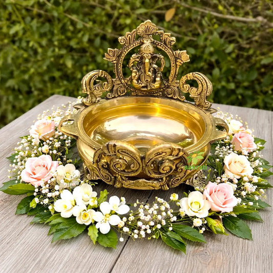 Ethnic Carved Urli with Ganesha Statue, 7 Inches Brass Decor Bowl, Urli Decor, Decorative Urli for Corner Tables Aakrati