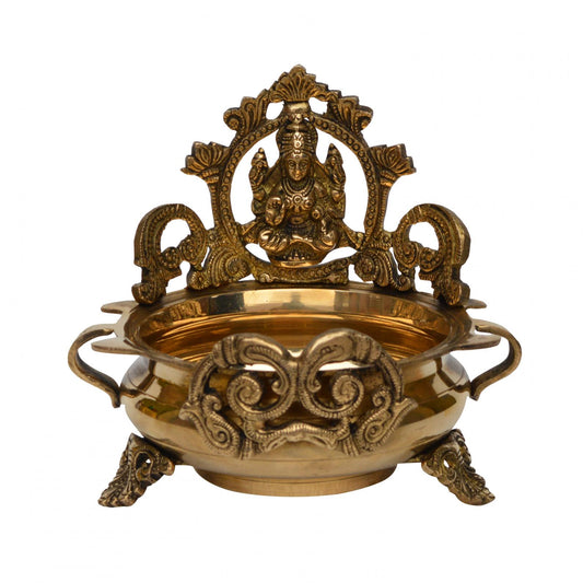 Carved Urli with Lakshmi Ji Statue, 7 Inches Brass Decor Bowl, Urli Decor, Decorative Urli for Corner Tables Ethnic decor