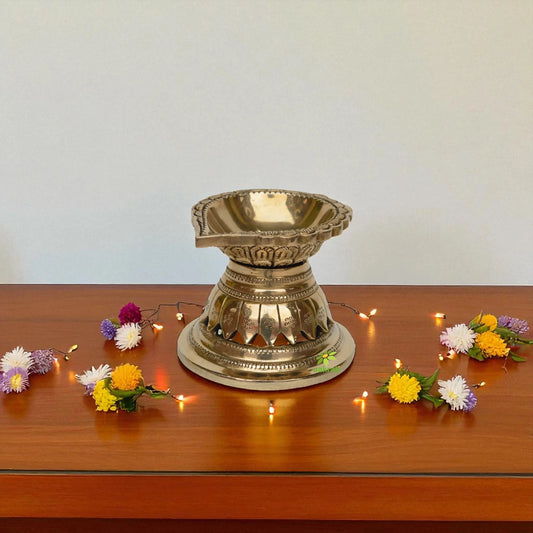 oli lamp Ethnic Design 4.5 Inches Brass Oil Diya with Base, Temple Decor, Home Decor Oil Diya Lamp, Indian Handicraft Diya, Handmade craft Aakrati