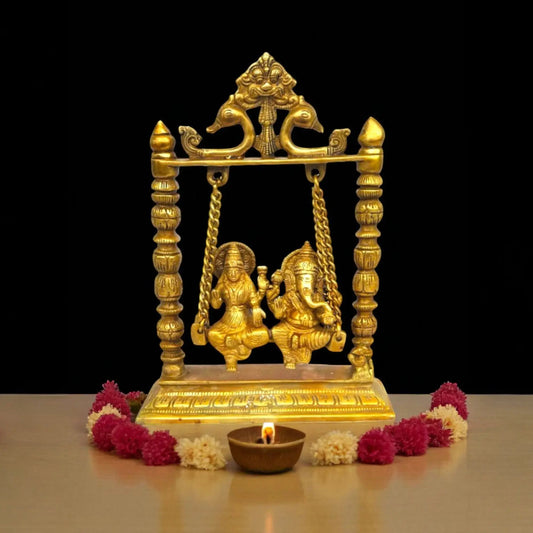 Brass Laxmi Ganesha Swing Idol | Handcrafted Religious Decor for Home Temple | Brass Laxmi Ganesha Murti ( Yellow, 10 inch) Aakrati