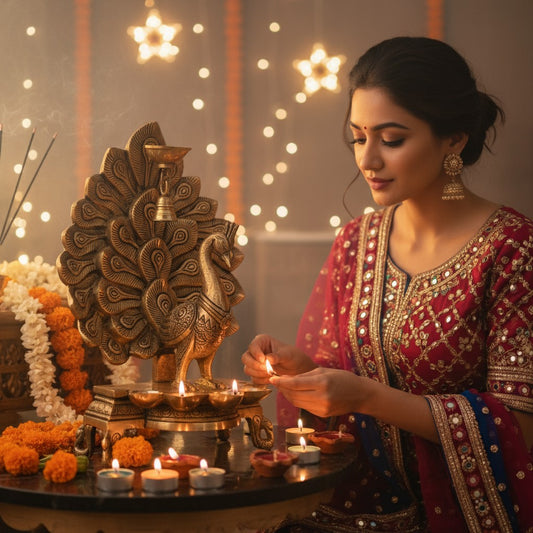 Brass Peacock Design Diya Oil Lamp Table Deepak Decorative Oil Light Diwali Decoration