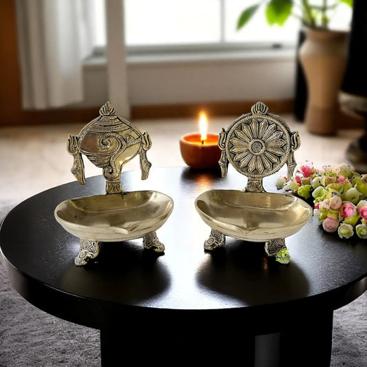Traditional Brass Shankha Chakra Villaku, Shankh and Chakra Deepam, Diya for Pooja, Aarti, home and Decor (Pack of 2)