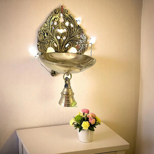 Decorative Brass Diya, Oil lamp, deepam with Bells for gift and decor Aakrati