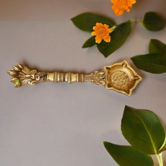 Handmade Brass Spoon for Pooja | Elegant Religious Spoon for Offerings and Rituals | Brass Pooja Spoon ( Yellow, 10 inch) Aakrati