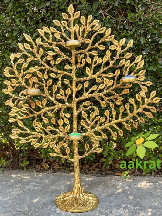 Aakrati Desirable Tree Showpiece with Tea Lights for Home Hotel Living Room Decor Made of Brass