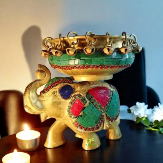 Aakrati Elephant Urli Brass bowl décor Intricate design Urli-Floating Flowers Candles Handcrafted Vessel for Diya Indian Art, Ethnic Showpiece Aakrati
