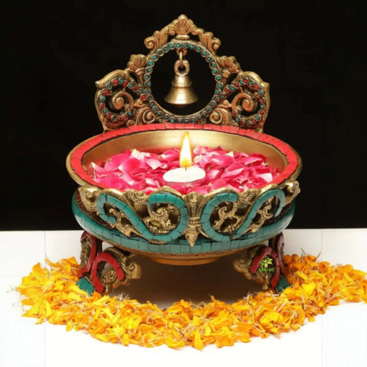 Traditional Brass Bell Urli bowl decor Intricate design Urli - Floating Flowers Candles Handcrafted Vessel for Diya stand home decorations Aakrati