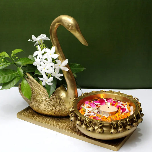 Ethnic Swan Design Brass Urli, Showpiece, Brass Statue For Corner Table, Floating Flowers Candles Diya for home decoration Aakrati