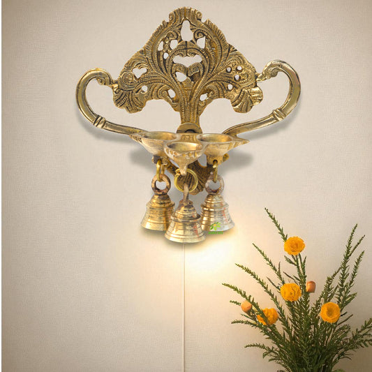 Handmade Wall Hanging Diya with bells | Antique Finish | Temple Decor | Indian Wall Decor | Traditional Brass Decor