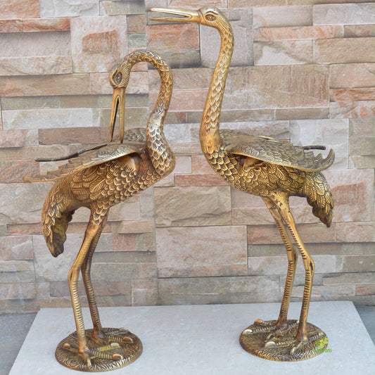 Garden Crane Statues, Brass Antique finish, Standing Metal Crane Sculptures Bird Yard Art for Outdoor Decor, Set of 2 Aakrati