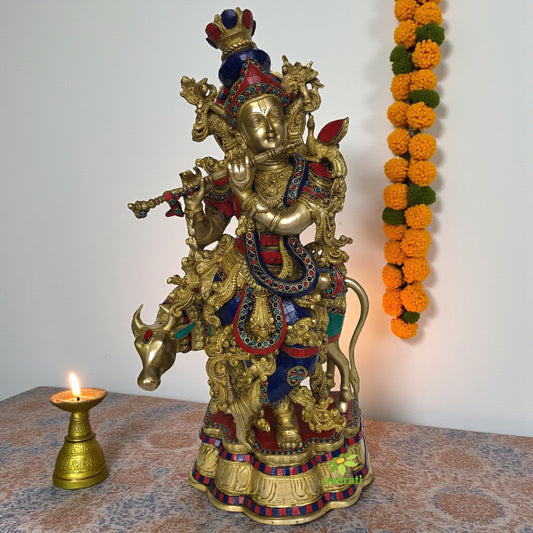 Krishna with cow statue , Big Cow krishna brass idol with beautiful mosaic work, Indian handicrafts gift Aakrati