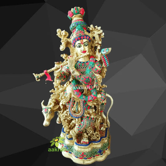 Cow Krishna Statue Brass, Big Brass Lord Krishna Idol with cow, Home Entrance Decor, Wedding Gift Aakrati