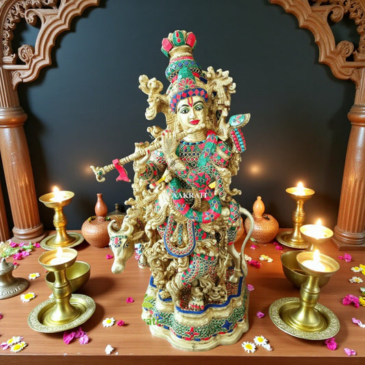 Cow Krishna Statue Brass, Big Brass Lord Krishna Idol with cow, Home Entrance Decor, Wedding Gift Aakrati