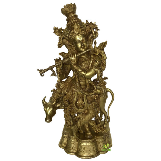 Divine Lord Krishna with Cow & Playing Flute Handcrafted Brass Idol,Brass Krishna Statue, Gorgeous Krishna,Flute Playing Idol, Murlidhar Aakrati