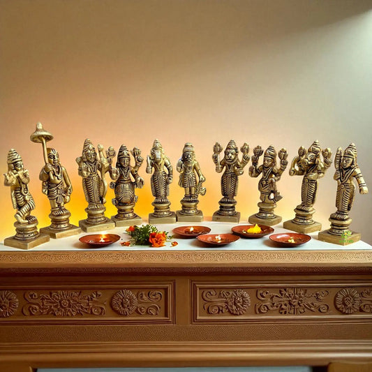Lord Vishnu Dashavtar Brass Idols | Decorative Home Decor | Brass Statue Dasavatharam for pooja | housewarming Gift Aakrati