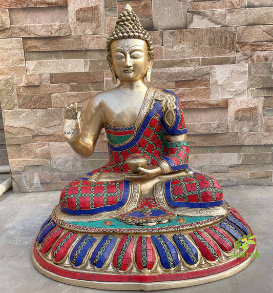 Brass Buddha 61 CM Ring and Stone Work Statue, Buddha Figurines,Buddha Idol, Buddha for Temple, Home, Corner, Office Decor Aakrati