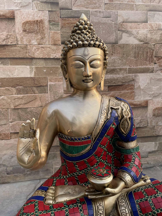 Brass Buddha 61 CM Ring and Stone Work Statue, Buddha Figurines,Buddha Idol, Buddha for Temple, Home, Corner, Office Decor Aakrati