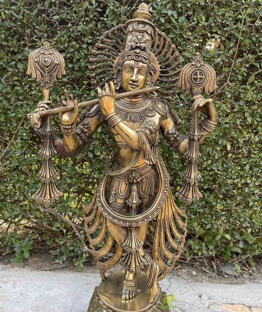 Krishna Statue in Brass, 61CM Big Large Size Krishna Brass Idol, Krishna Bhagwan Home Temple Puja, Garden Decor Idol, Hindu Religious Home Aakrati
