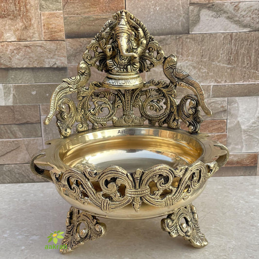 Peacock Design god Ganesha Urli table top showpiece metal brass figure
