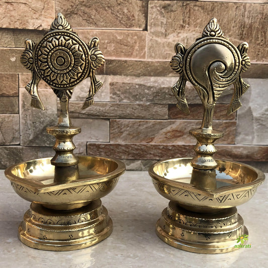 Shankh Chakra Diya Lamp 7 inch Home Temple Diya Handmade Brass Vishnu Lamp diya stand Aakrati