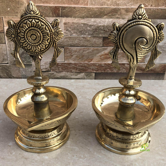 Shankh Chakra Diya Lamp 7 inch Home Temple Diya Handmade Brass Vishnu Lamp diya stand