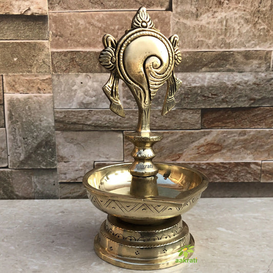 Brass Chakra Diya Lamp 7 inch height|Home Temple Diya | Handmade Brass Vishnu symbol oil Lamp Aakrati